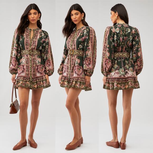 FARM Rio Dresses & Skirts - NWT Anthropologie Farm Rio Flowering Garden Tree Belted Puff Sleeve Mini Dress L